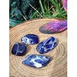 Pierres roulées de sodalite bleu profond veinées de blanc sur rondin de bois avec herbe et pierre claire, galets naturels associés à la sérénité, au discernement et à l’équilibre émotionnel.