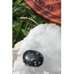 Pierre roulée d’obsidienne neige noire mouchetée sur support clair avec herbes, pierre naturelle évoquant la protection subtile, le recentrage et la paix intérieure.