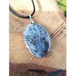 Pendentif opale dendritique sur rondin de bois en extérieur, cordon noir et bélière argentée, sérénité mentale et sensation d’appui intérieur