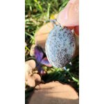 Pendentif opale dendritique ovale en extérieur parmi feuilles vertes et bois, bijou naturel pour calme du mental et intuition posée