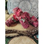 Bâtons de fumigation sauge blanche “sang de dragon”, fagots rouges avec fleurs séchées, posés sur rondins de bois, décor ésotérique en arrière-plan; pour purifier l’ambiance et poser une intention de protection.