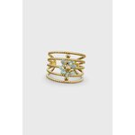 Bague ajustable dorée à plusieurs rangs texturés, en acier inoxydable cristaux bleus facettés effet irisé, gros plan produit sur fond blanc.