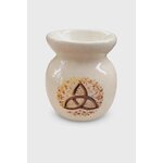 Brûle-parfum en céramique blanche vernissée sur fond blanc, forme ronde avec coupelle, motif triquetra et feuillage doré; évoque protection, ancrage, harmonie, ambiance apaisante pour huiles ou fondants parfumés.