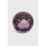 Porte-encens rond Triple Lune (lune rose, fleurs) sur tranche de bois; symbole des cycles lunaires et de l’intuition.