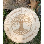 Plateau de pendule en bois gravé Arbre de Vie, avec réponses Oui / Non / Peut-être / Redemande, posé sur herbe.