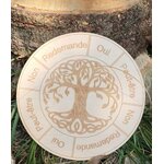 Plaque ronde en bois clair gravée Arbre de Vie au centre et roue du zodiaque autour, posée sur l’herbe dans un décor nature.