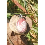 Pendentif rhodochrosite ovale rose marbré avec monture argent 925, posé sur un champignon et feuillage en lumière naturelle, pierre naturelle évoquant la tendresse, le soutien émotionnel et l’apaisement intérieur.