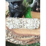 Bâton de sauge blanche à brûler (fumigation/smudge) ficelé, posé sur rondin de bois avec chaudron noir, feuilles vertes et décor ésotérique. Pour rituel, méditation, purification énergétique, nettoyage des lieux, protection, clarté et apaisement