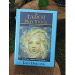 Boîte du coffret oracle « Le Tarot Psychique » de John Holland, étui bleu avec portrait, posée sur rondin de bois et feuillage. Cartes divinatoires pour tirage, guidance, intuition, méditation, développement personnel et clarté.