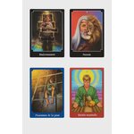 Tarot psychique : 4 cartes illustrées (personnages, couleurs contrastées) en aperçu sur écran, ambiance ésotérique, pour guidance, intuition, clarté mentale, confiance en soi et protection énergétique.