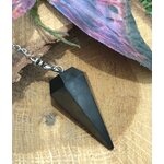 Pendule en shungite noire sur rondin de bois, décor naturel witchy, chaîne argentée, radiesthésie/divination, ancrage, protection, purification, clarté mentale, apaisement • Magic Gaïa