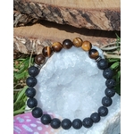Bracelet œil de tigre et pierre de lave 8 mm sur élastique, décor quartz, bois et herbes, présence, stabilité intérieure