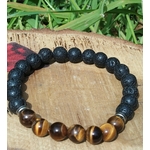 Bracelet œil de tigre et pierre de lave 8 mm sur élastique, tranche de bois en extérieur, bouclier, confiance, détermination
