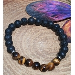 Bracelet œil de tigre et pierre de lave 8 mm sur élastique, fond bois avec papillon coloré, discernement, énergie stable