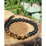 Bracelet œil de tigre et pierre de lave 8 mm sur élastique, tranche de bois, herbes et papillon, volonté, aplomb, clarté