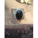 Bague filigrane argent 925 avec onyx noir ovale, photo en décor sur bois, style vintage, ancrage et protection