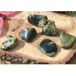 Pierres roulées de serpentine vert olive aux marbrures sombres, disposées sur des tranches de bois brut en décor nature avec feuillage en arrière-plan, lumière douce; pierre associée à l’apaisement, à l’ancrage et au lâcher-prise émotionnel.