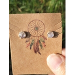 Boucles d’oreilles en argent 925 serties de péristérite sur carte kraft attrape-rêves tenue entre les doigts, fond végétal flou, pour apaiser et clarifier l’esprit.