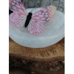 Bol en sélénite 10 cm posé sur une table en bois, décoré d’un papillon rose, lumière douce, idéal pour purifier l’ambiance et apaiser l’esprit.