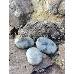 Trio de galets de labradorite grise aux lueurs bleues posés sur rochers bretons, pour se protéger en douceur, calmer le mental et rester centré.