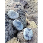 Trois galets de labradorite grise aux reflets bleus posés sur rochers bretons, pierres naturelles évoquant l’ancrage, la clarté d’esprit et l’équilibre intérieur.