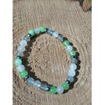 Bracelet endométriose en jade vert, péristérite et labradorite sur rondin de bois, perles vert d’eau et bleutées pour douceur du cœur, réassurance et stabilité intérieure