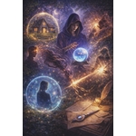 Forêt nocturne : praticienne à capuche, boule lumineuse, maison protégée, liens coupés, sigils et pendule, pour apaiser et se recentrer, sans promesse.