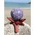 Sphère lépidolite sur rocher coquillé au bord de mer en Bretagne avec support en bois, pierre violette naturelle, apaisement émotionnel et harmonie intérieure.