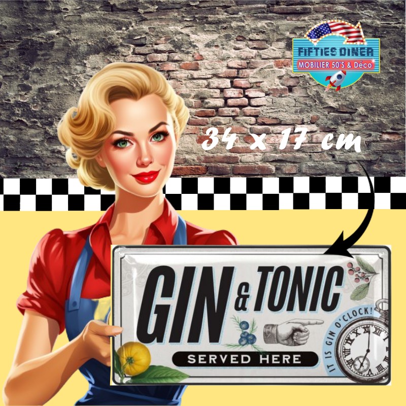 plaque métal rétro décoration de bar Gin and Tonic 34x17 cm