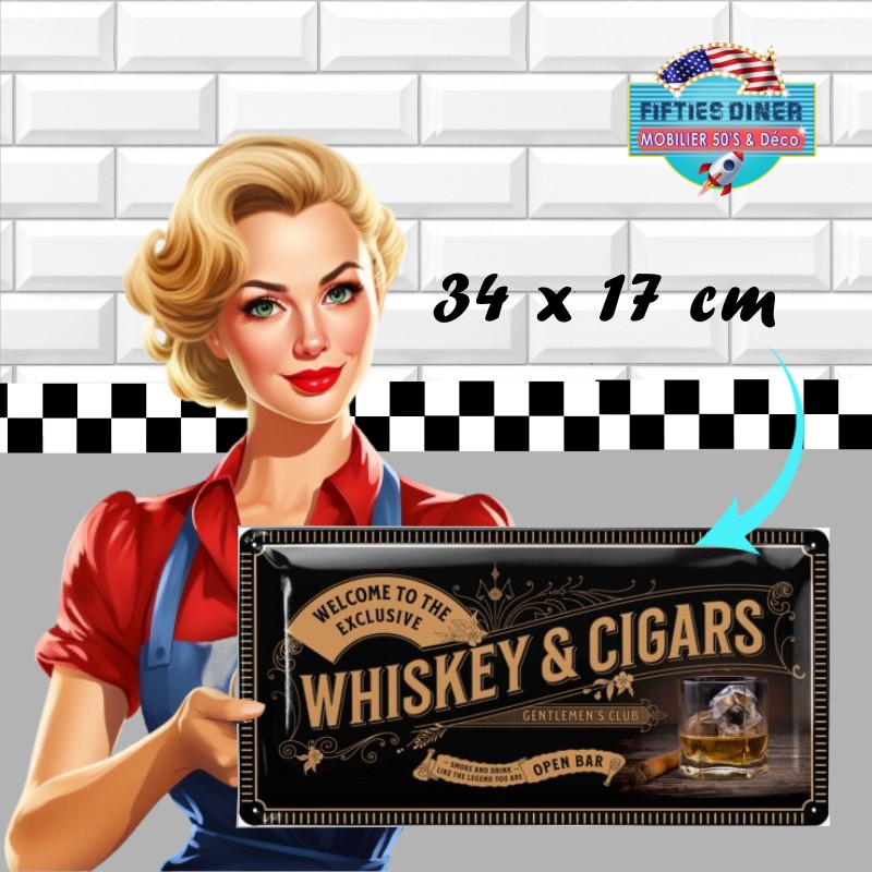 plaque métal déco américaine Whiskey and cigars 34x17 cm