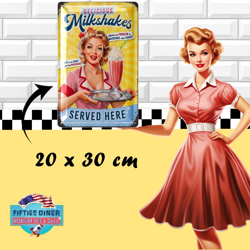 plaque métal rétro américaine Milkshakes served here 20x30 cm