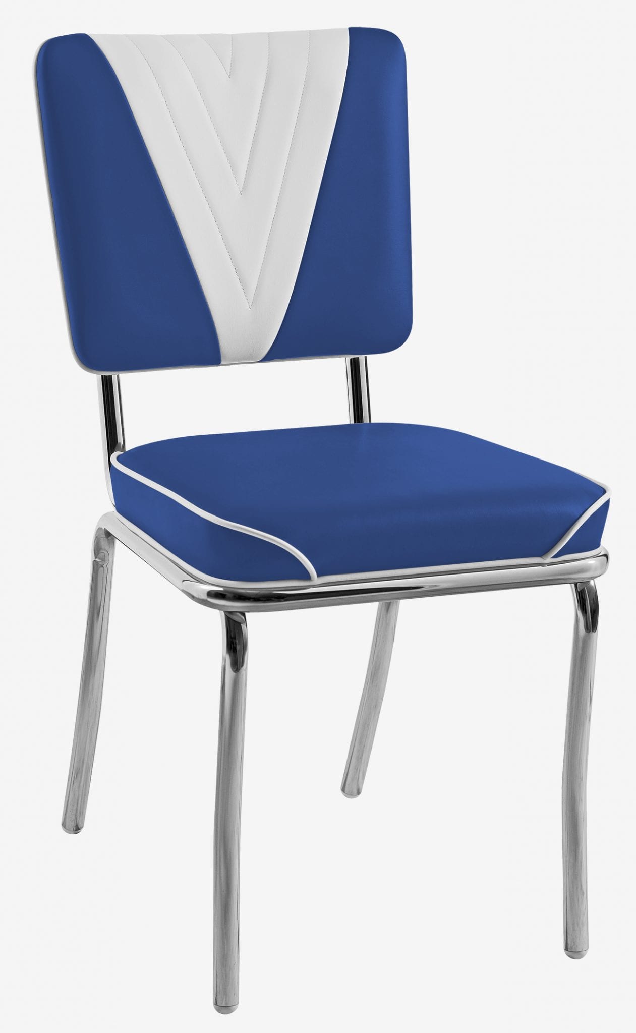 chaise chromée Rétro Lexington vinyle bicolore bleu et blanc