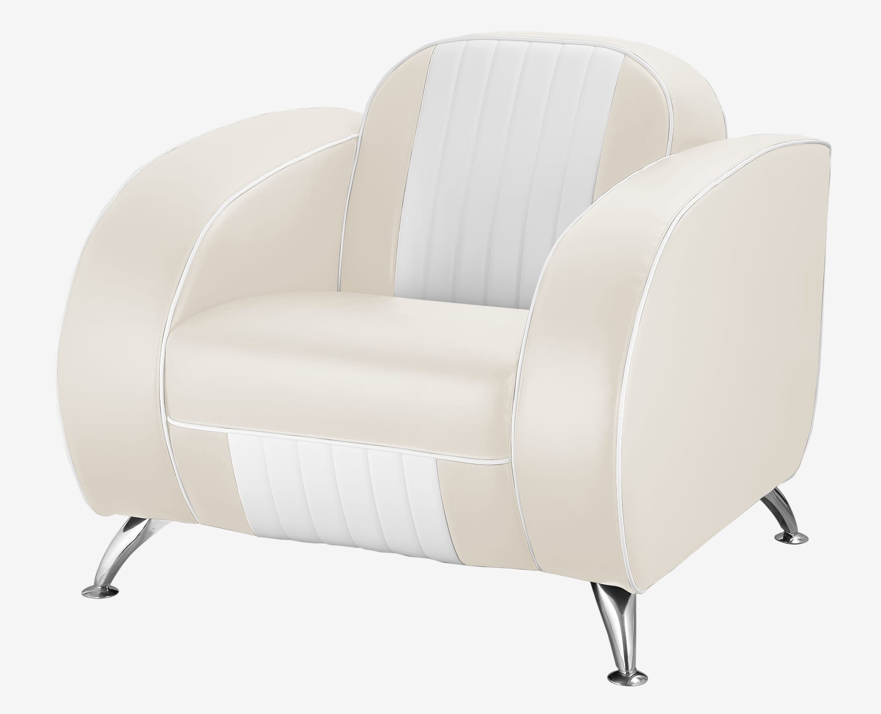 fauteuil 50s américain ivoire et blanc pieds chromés Atlanta