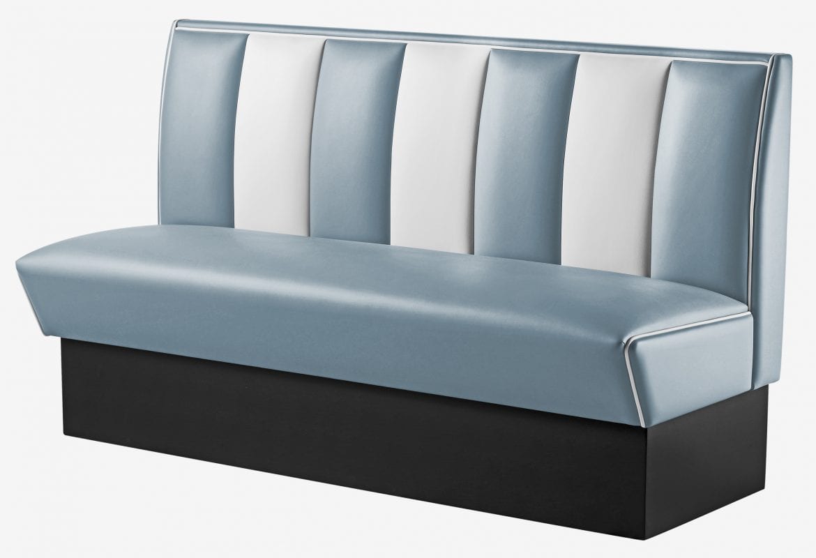 banquette de restaurant 3 places large bicolore bleu poudre et blanc
