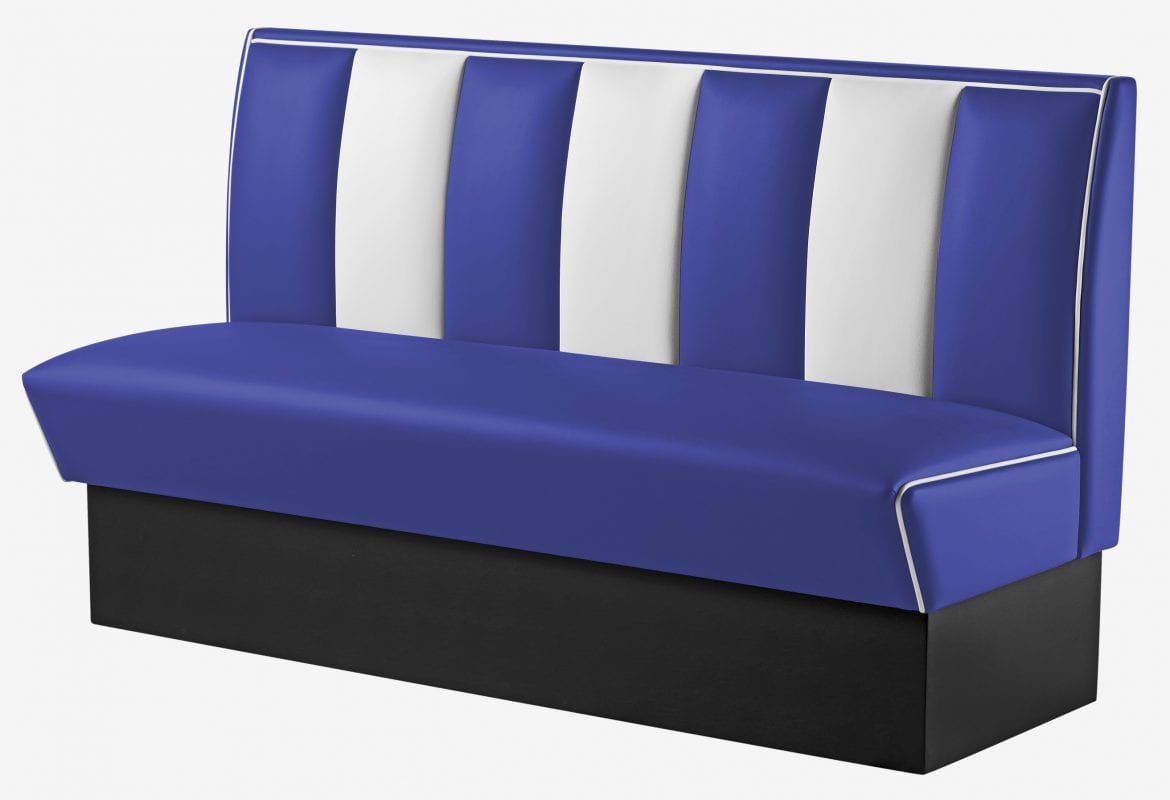 banquette de bar rétro 3 places en vinyle bicolore bleu paon et blanc