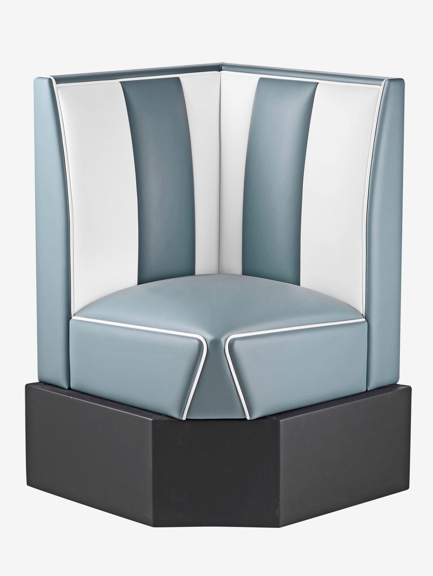 banquette dangle de cuisine rétro en vinyle bleu poudre et blanc