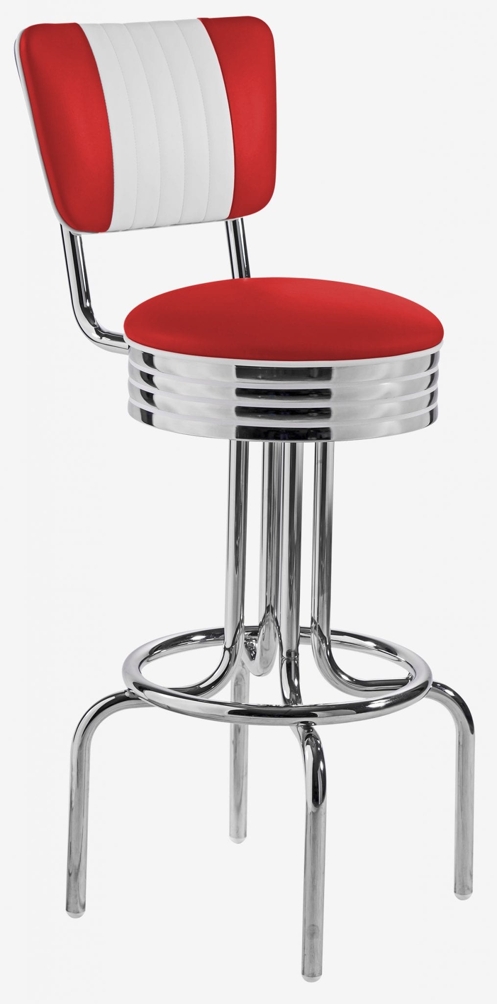 tabouret de bar vintage pivotant et chromé avec dossier bicolore rouge