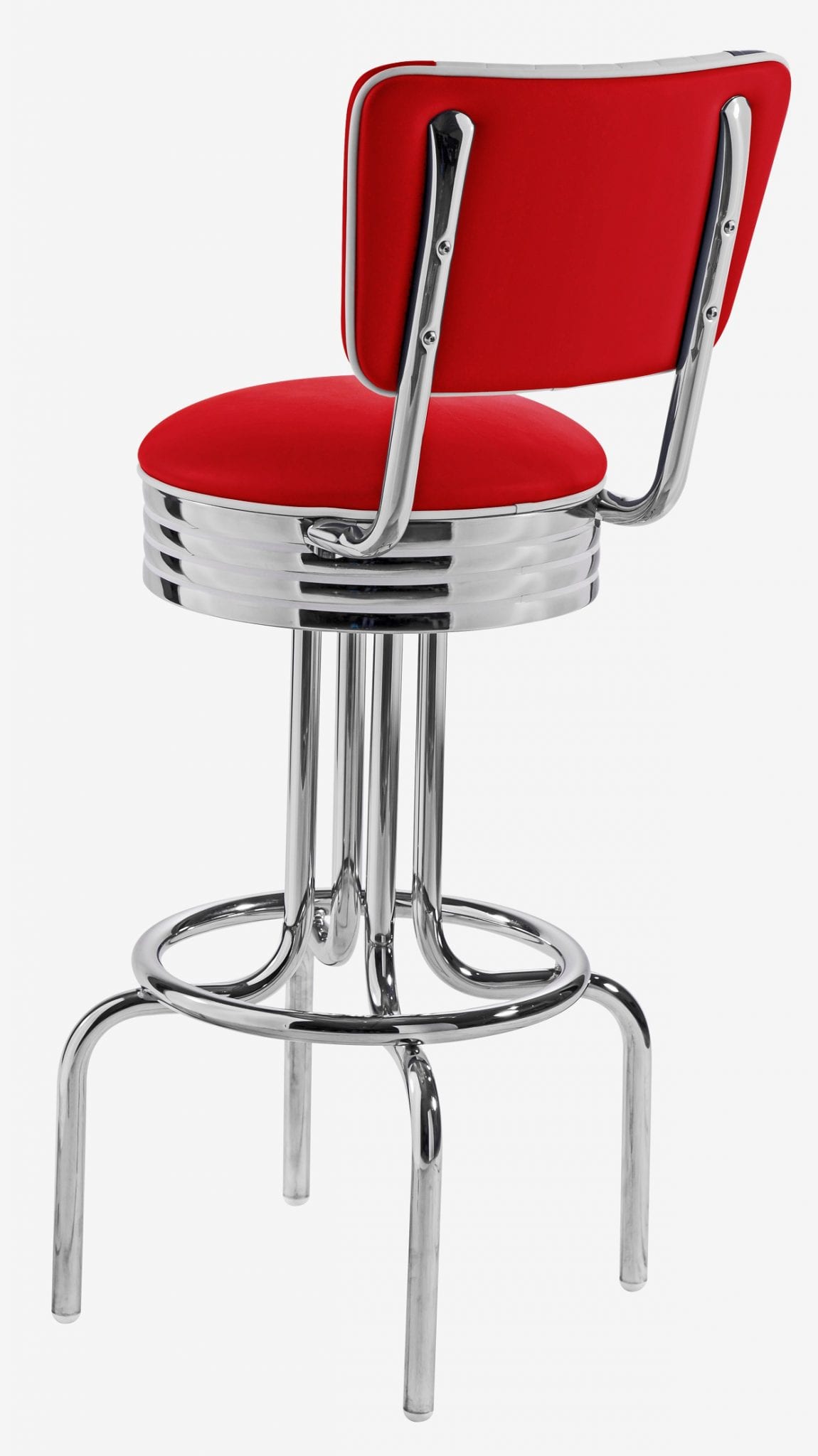 tabouret de bar chromé avec dossier bicolore en vinyle rouge et blanc
