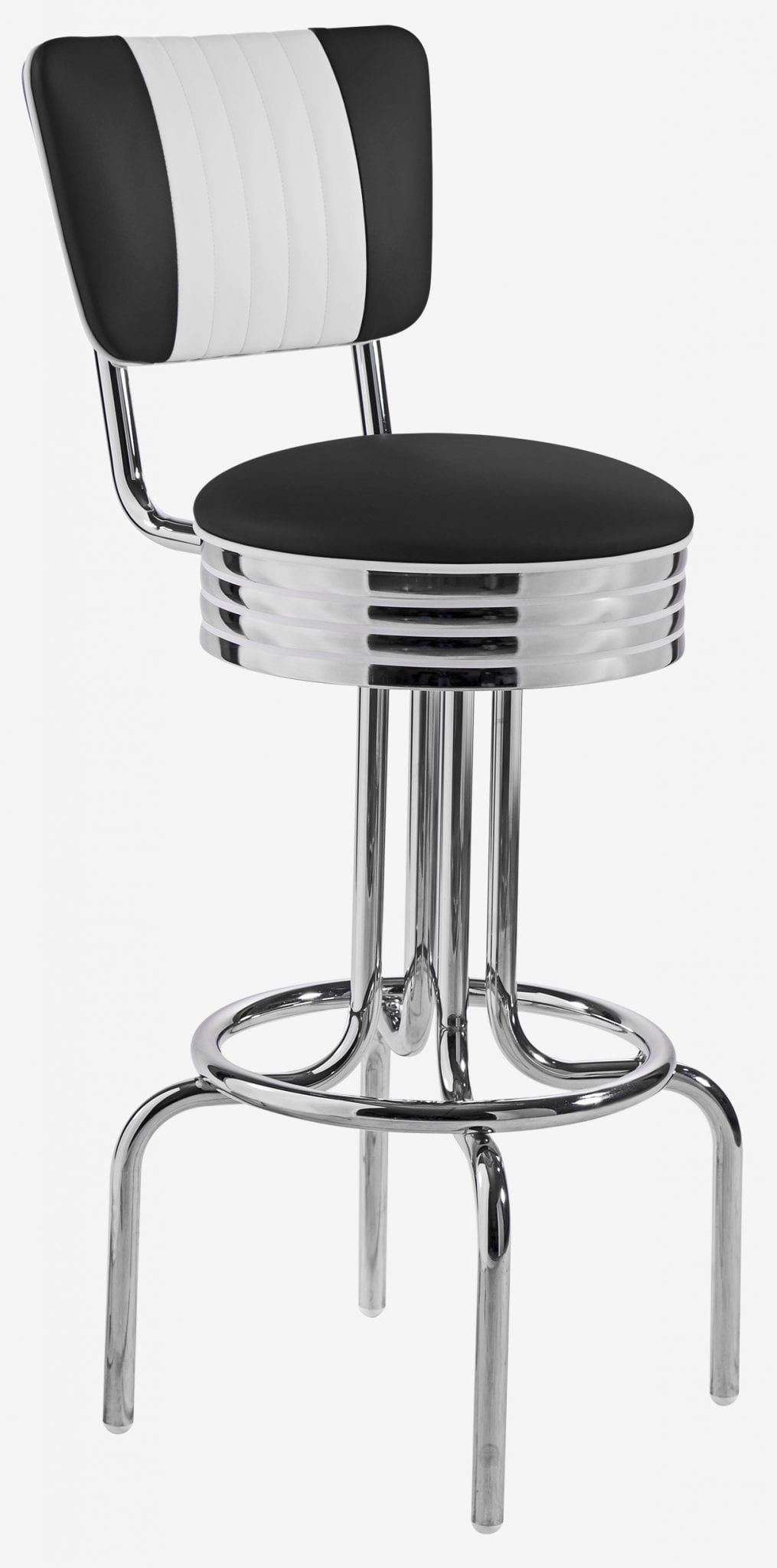 tabouret de bar chromé avec dossier bicolore en vinyle noir et blanc