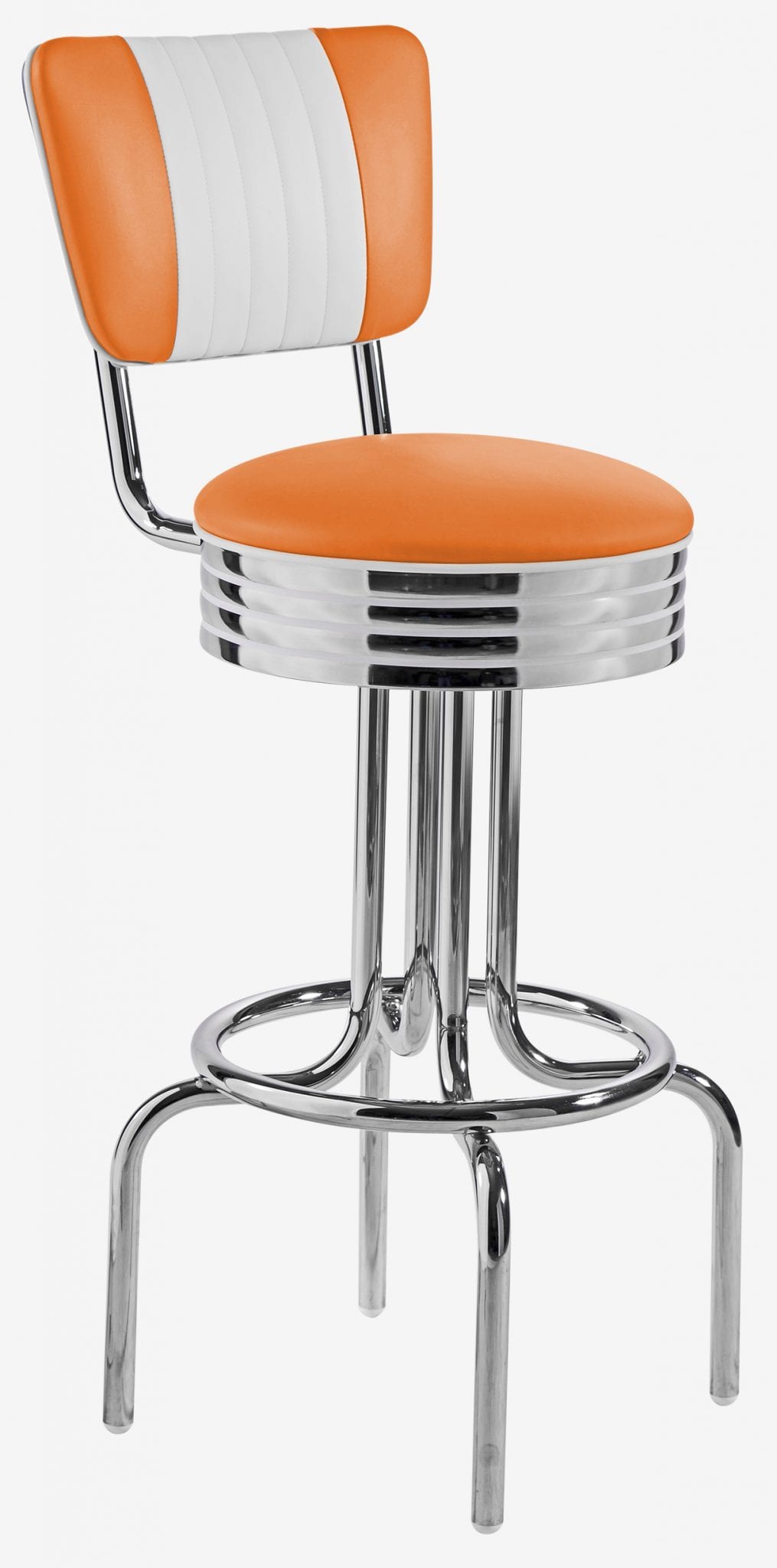 tabouret de bar chromé dossier bicolore pivotant vinyle orange et blanc