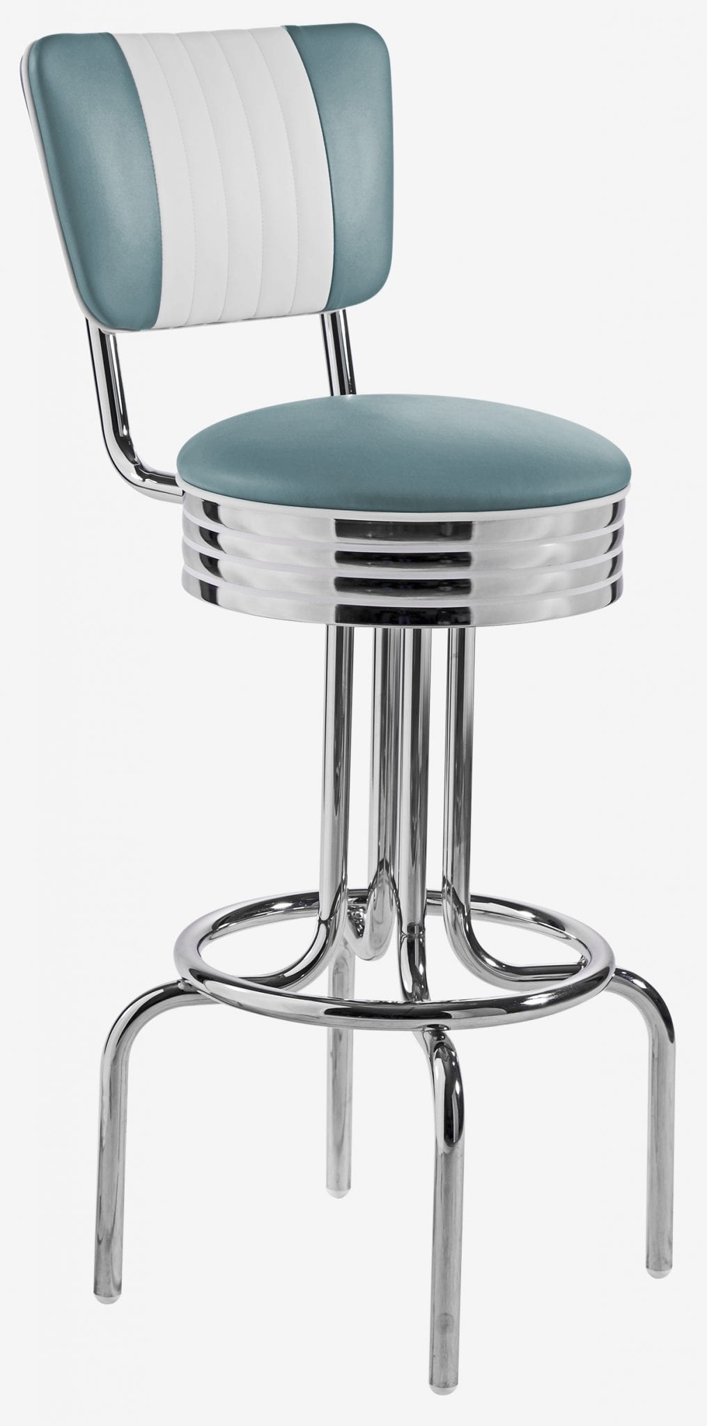 tabouret de bar rétro chromé et pivotant vinyle bicolore bleu et blanc