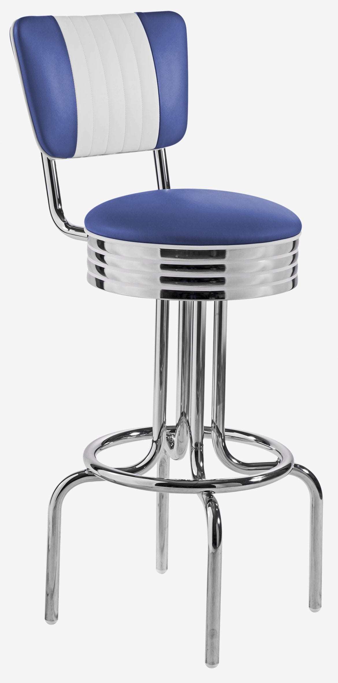 tabouret vintage bleu et blanc avec dossier et assise en vinyle
