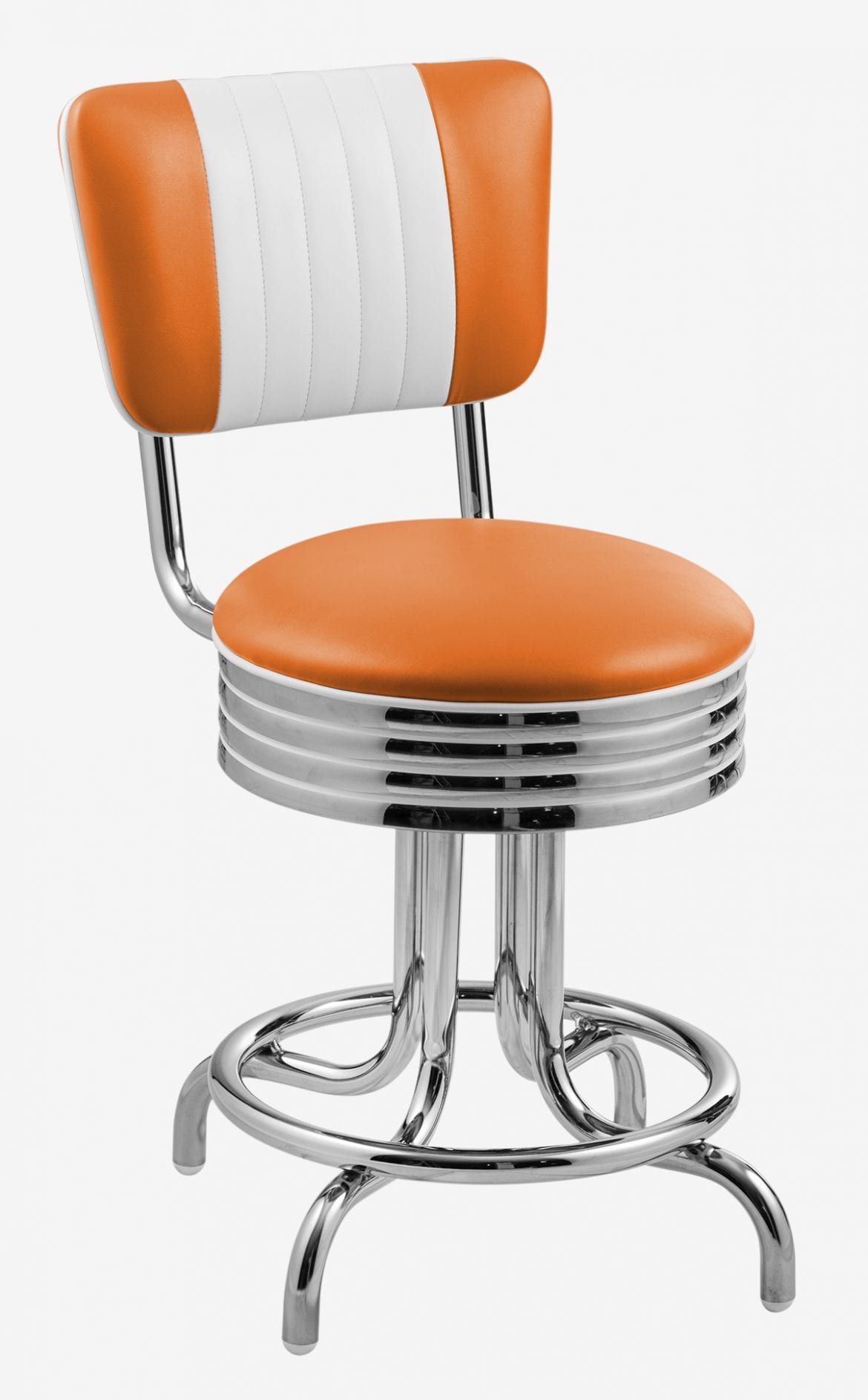 tabouret vintage avec dossier en vinyle bicolore orange et blanc