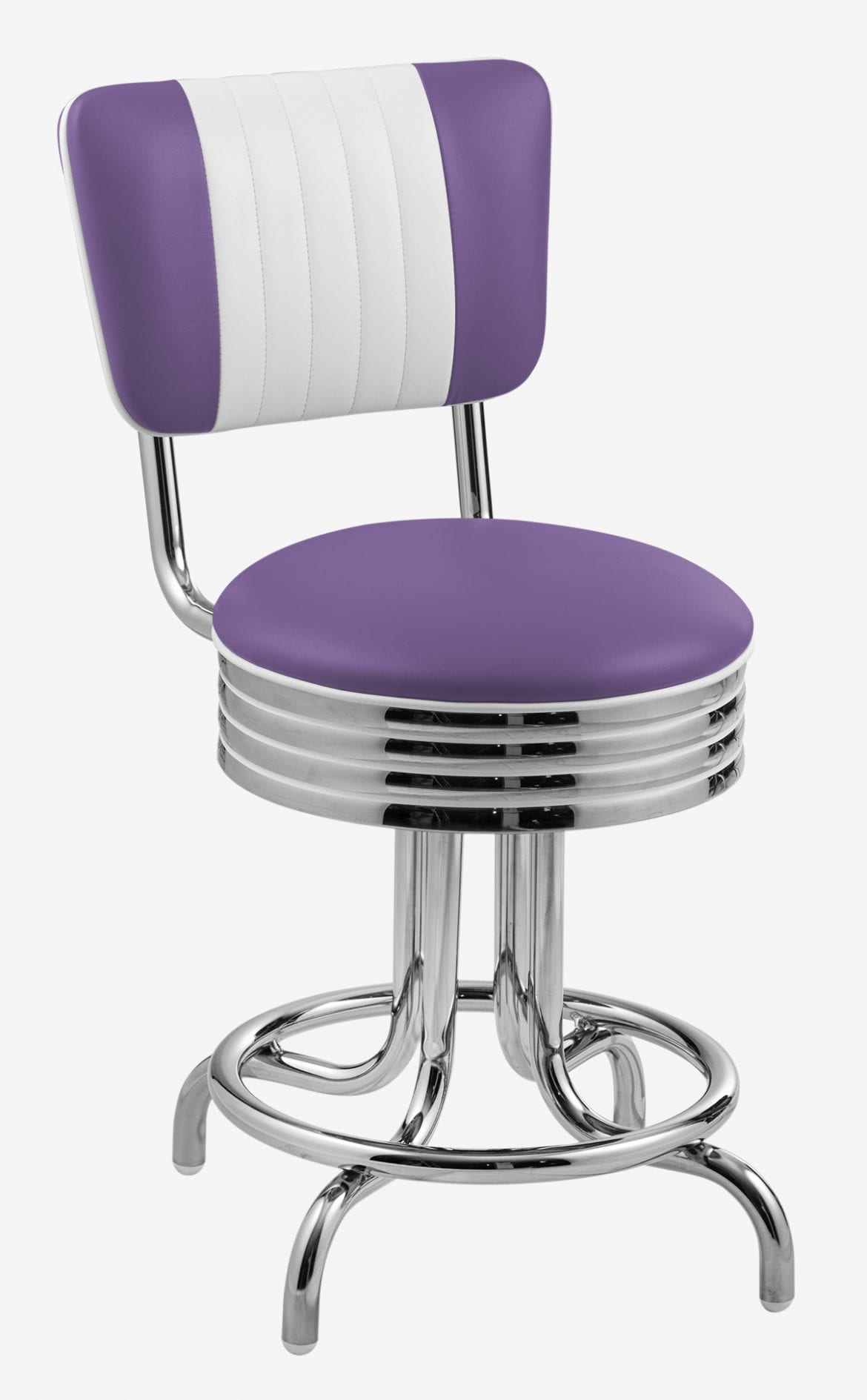 tabouret bas rétro avec dossier en vinyle violet et blanc
