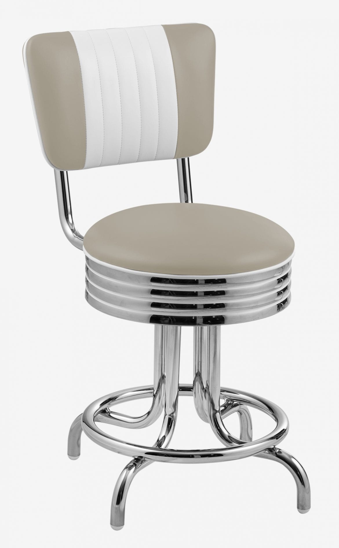 tabouret pivotant chromé avec dossier en vinyle beige et blanc