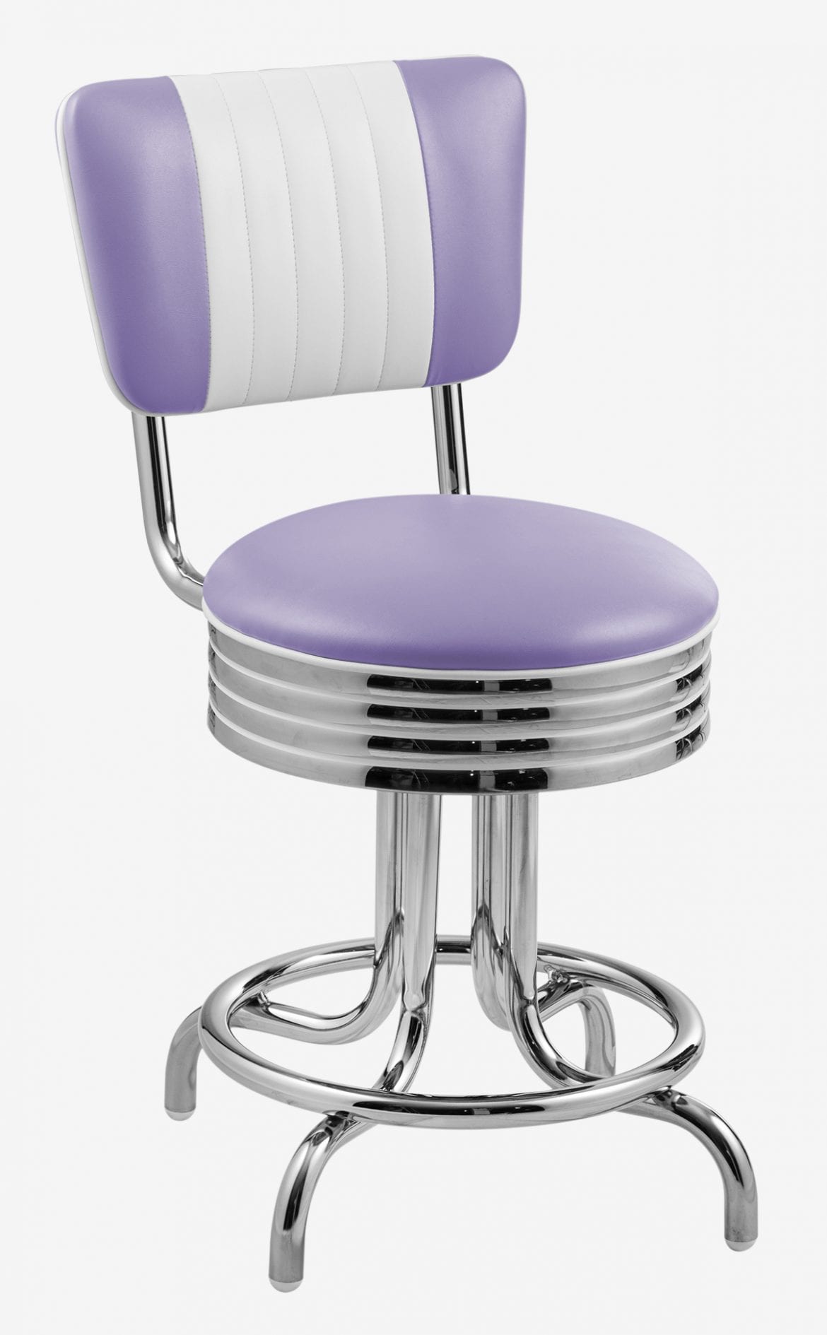 tabouret rétro chromé avec dossier en vinyle bicolore mauve et blanc