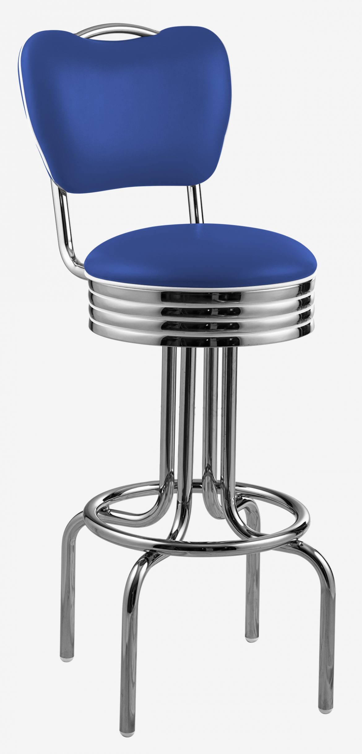 tabouret pivotant chromé avec dossier Tucson bleu paon passepoil blanc