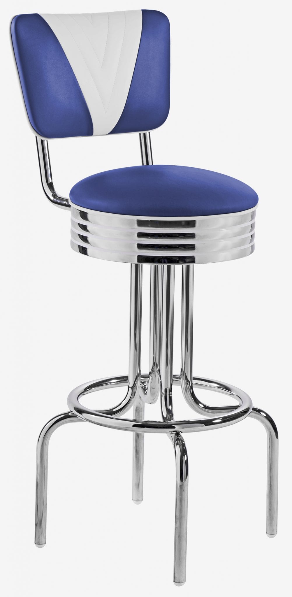 tabouret américain pivotant chromé dossier bicolore bleu et blanc