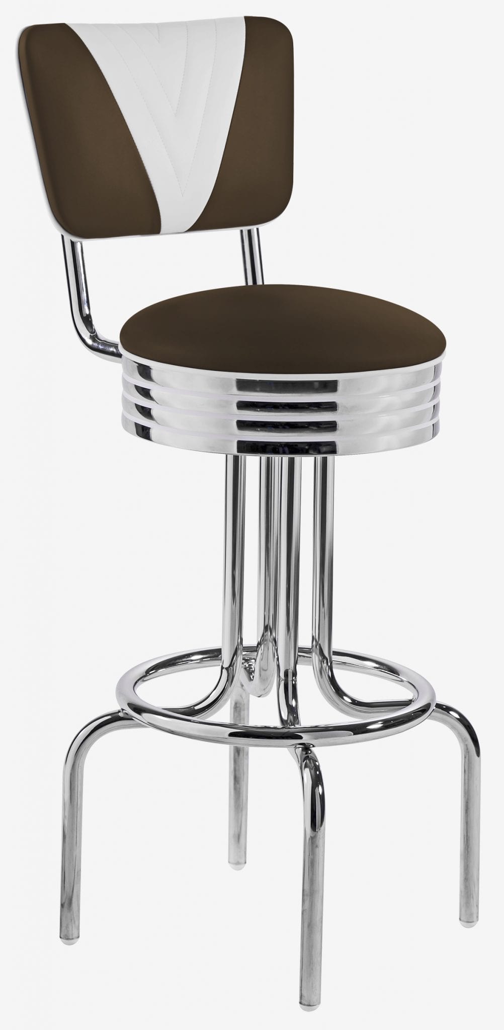 tabouret rétro chromé et pivotant Rockford bicolore marron et blanc