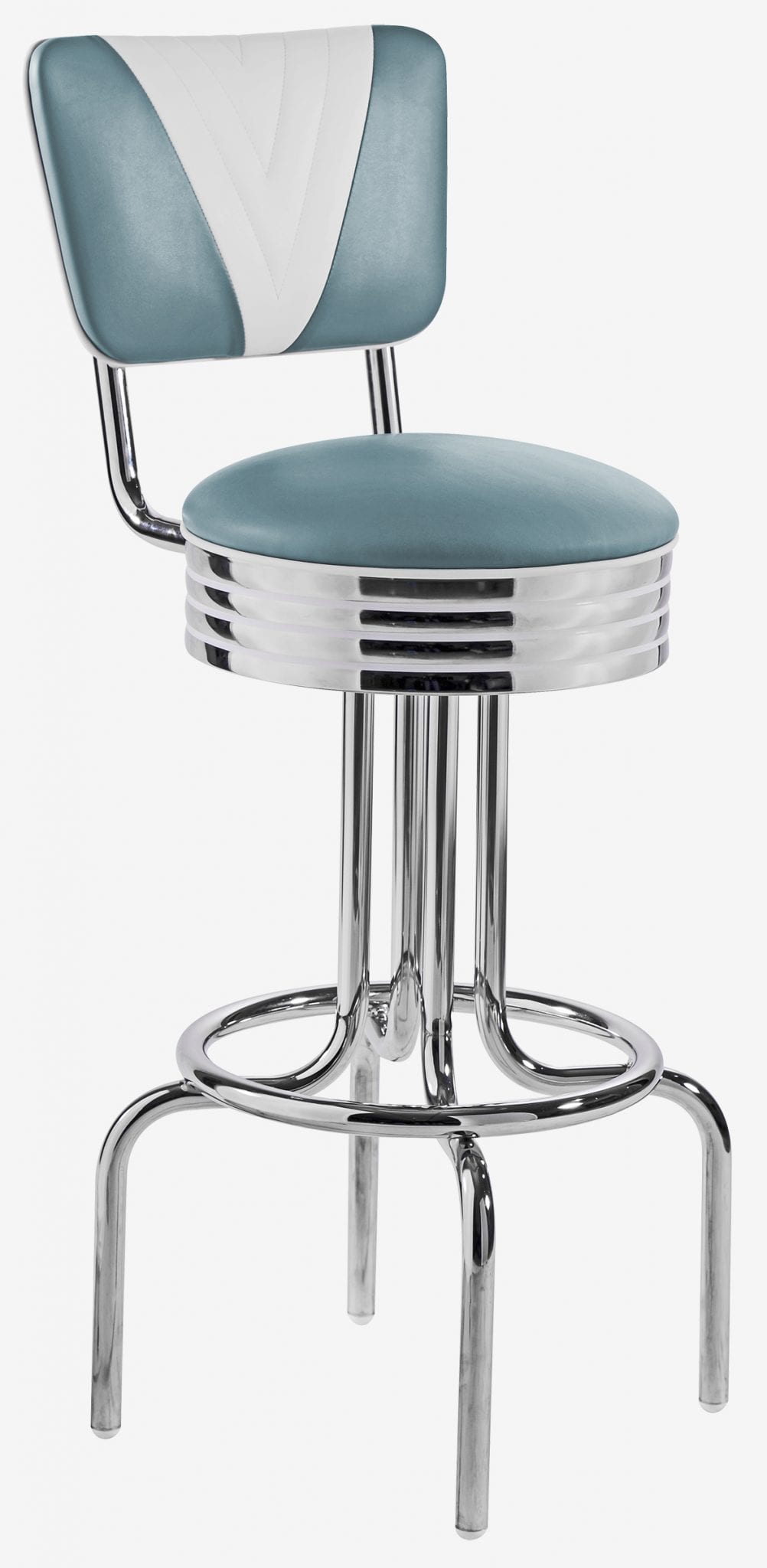 tabouret vintage Rockford chromé et pivotant avec dossier bleu poudre